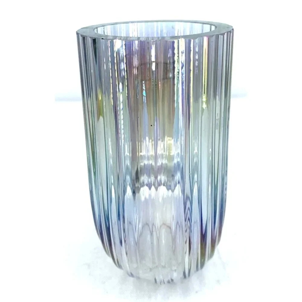 IKEA Raffelbjork Iridescent Glass Vase 4¾” J Shape Ribbed Mother-of-Pearl